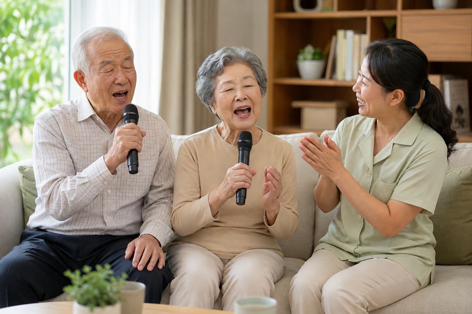 마이크를 들고 노래를 함께 부르는 어르신 부부와 요양보호사