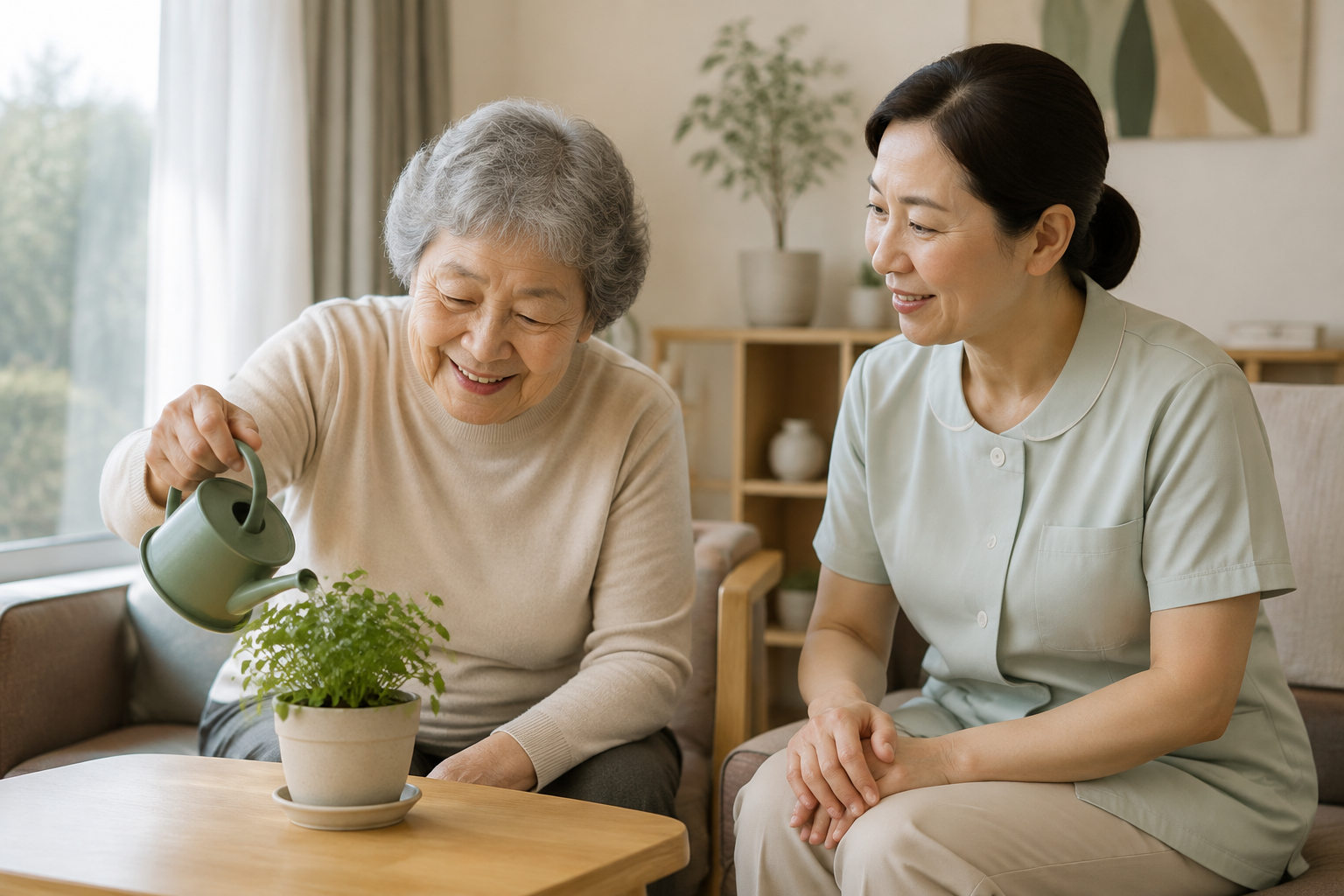 화분에 물을 주는 어르신과 요양보호사